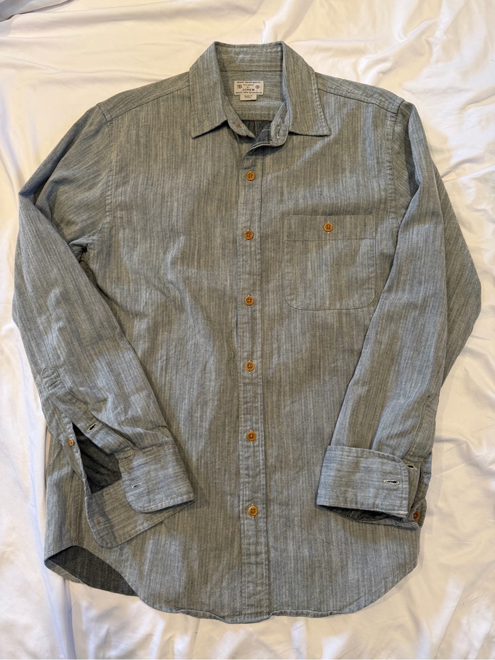 J Crew Green Grey Button-Down Heavy Denim Shirt - Casual Collared Long Sleeve